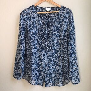 J. Jill Blue White Floral Print Lightweight Long Sleeve Blouse